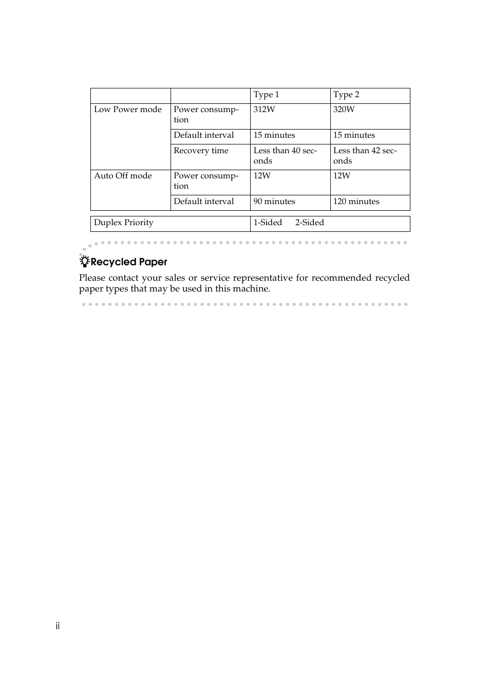 Specification, Table, Table body | Table row, Type 1, Type 2, Low power mode, Power consumption, 312w, 320w | Savin 10502 User Manual | Page 6 / 30