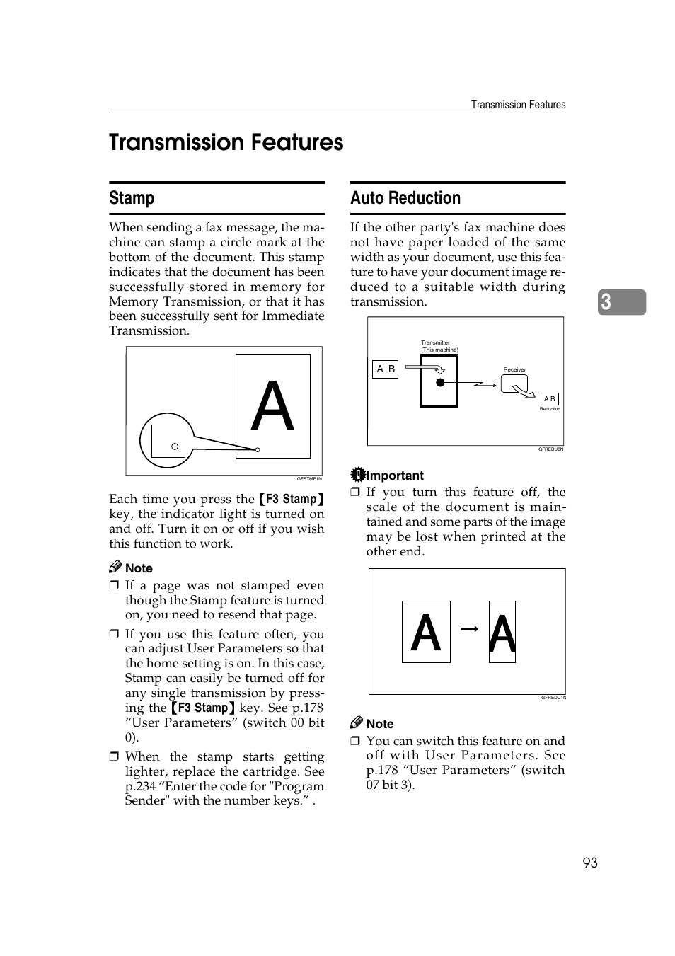 3transmission features, Stamp, Auto reduction | Savin 3799nf User Manual | Page 105 / 320