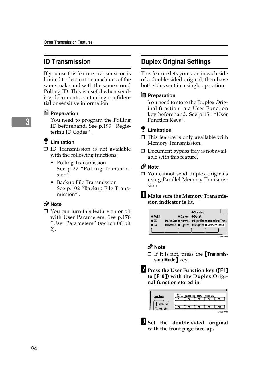 Id transmission, Duplex original settings | Savin 3799nf User Manual | Page 106 / 320