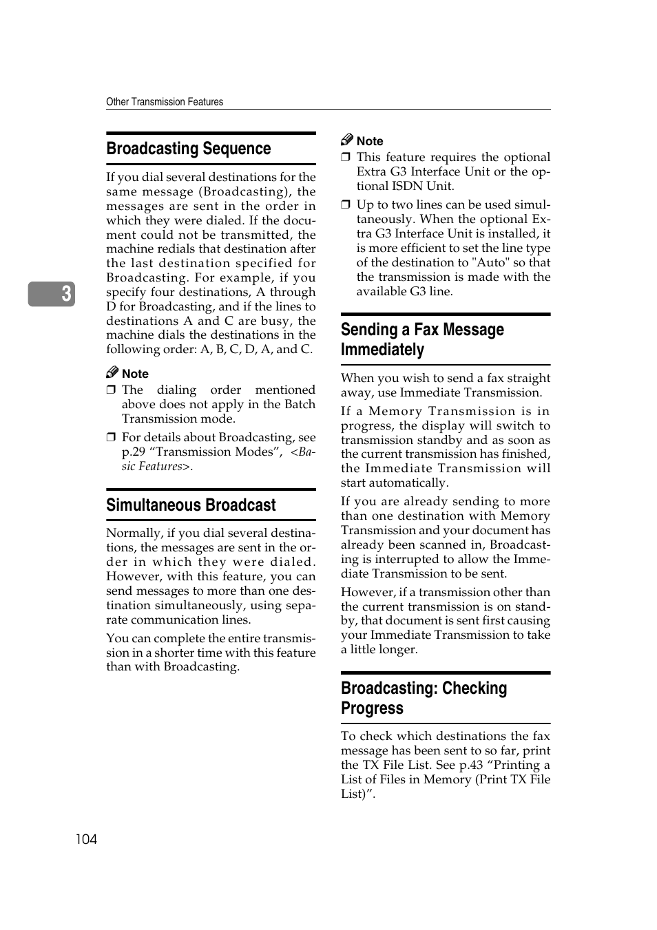 Broadcasting sequence, Simultaneous broadcast, Sending a fax message immediately | Broadcasting: checking progress | Savin 3799nf User Manual | Page 116 / 320
