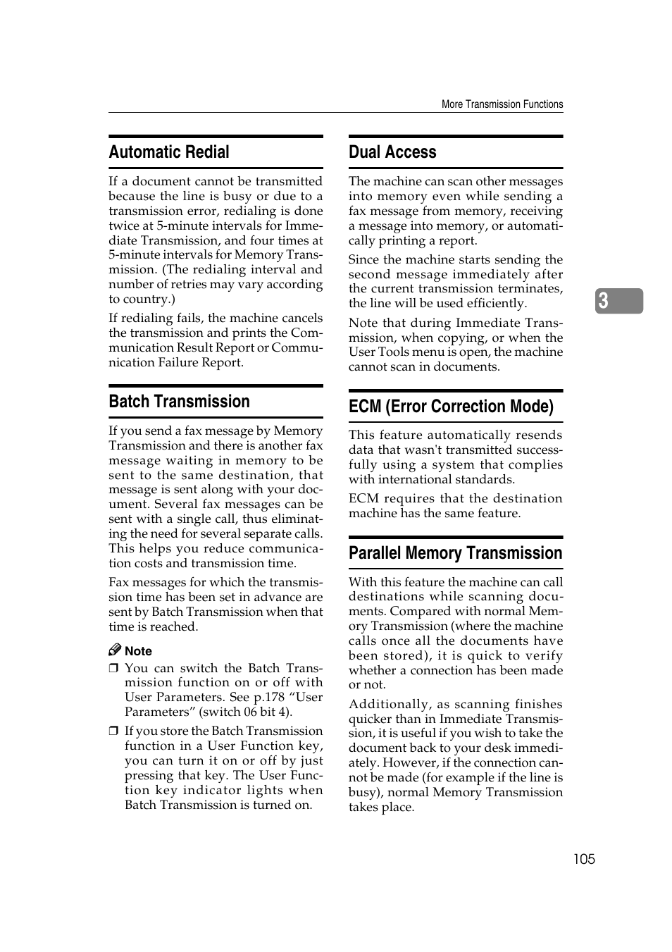 Automatic redial, Batch transmission, Dual access | Ecm (error correction mode) | Savin 3799nf User Manual | Page 117 / 320