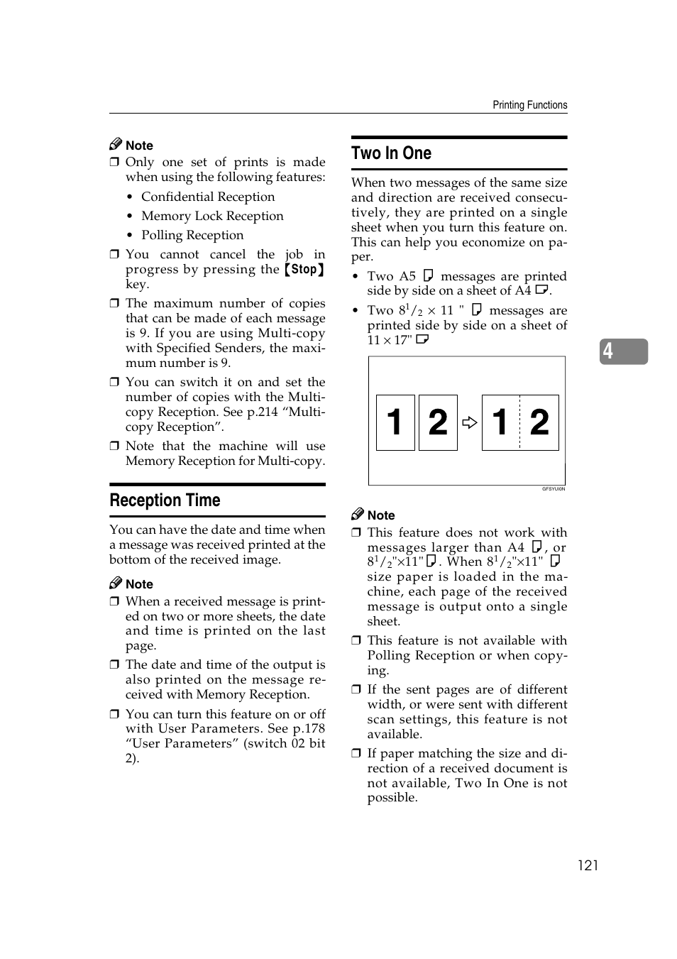 E p.121 “two in one, Reception time, Two in one | Savin 3799nf User Manual | Page 133 / 320
