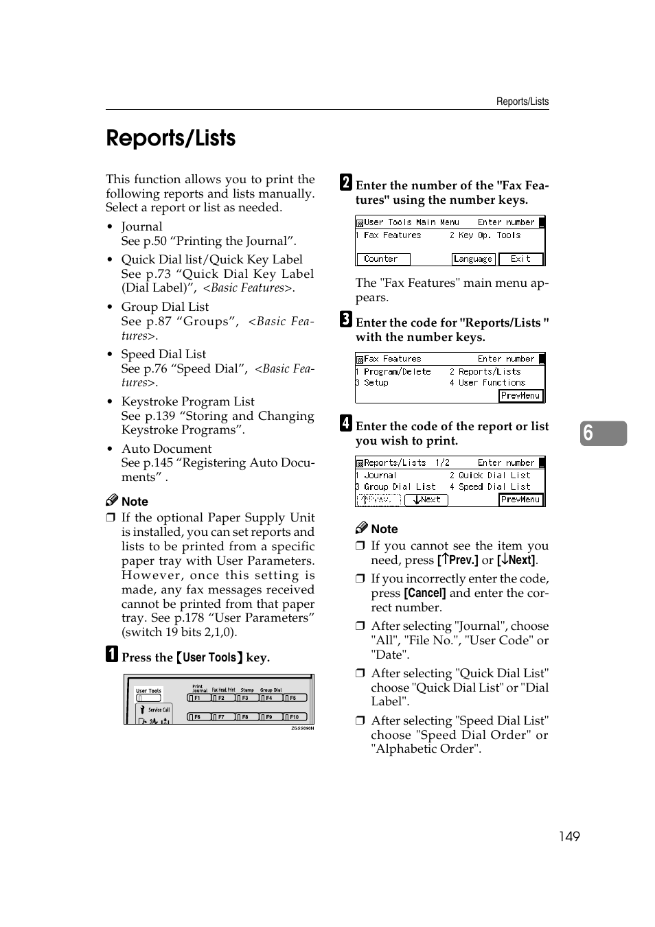 Re- ports/lists, P.149 “re- ports/lists, 6reports/lists | Savin 3799nf User Manual | Page 161 / 320