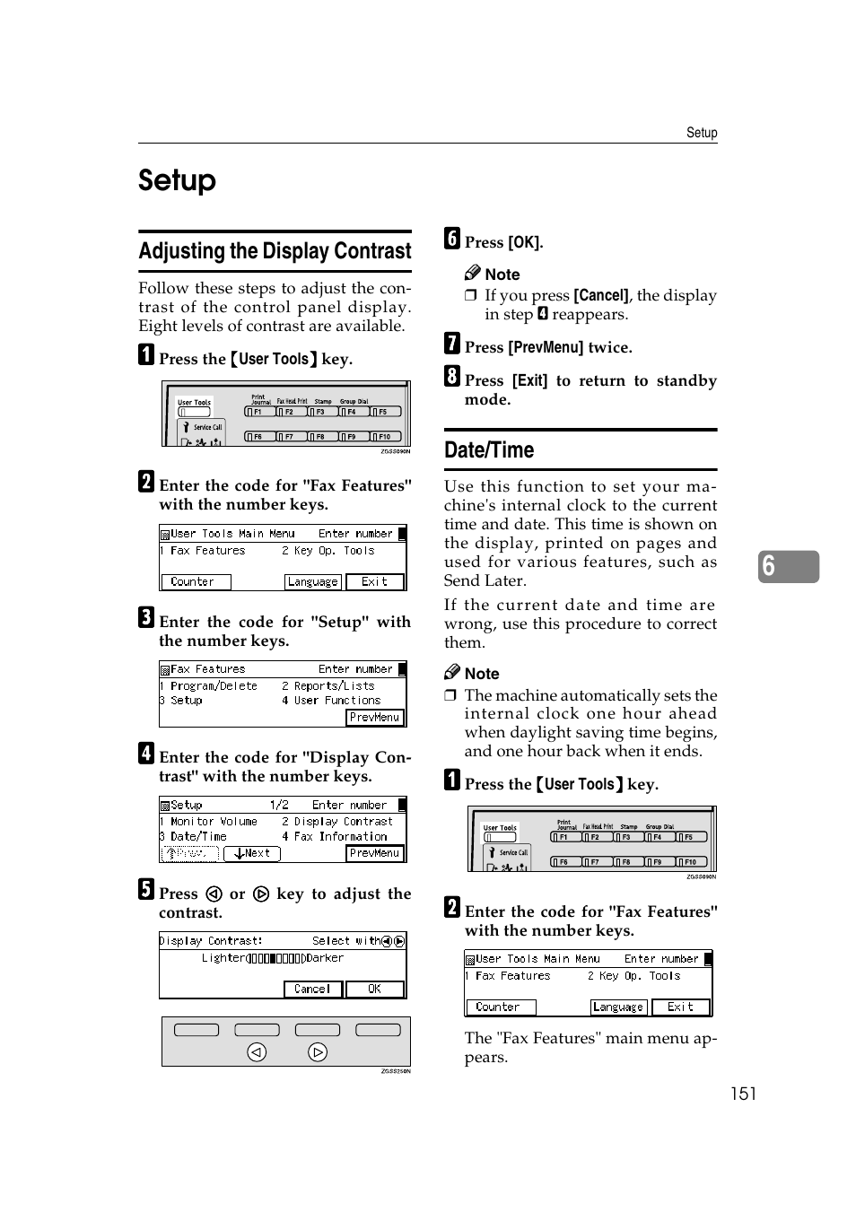 P.151 “adjust- ing the display contrast, P.151 “date/time, 6setup | Adjusting the display contrast, Date/time | Savin 3799nf User Manual | Page 163 / 320