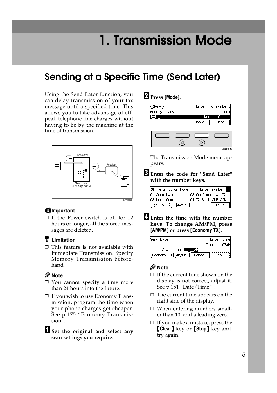 Transmission mode, Sending at a specific time (send later) | Savin 3799nf User Manual | Page 17 / 320