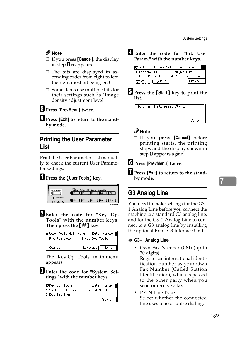 P.189 “printing the user pa- rameter list, P.189 “g3 ana- log line, Printing the user parameter list | G3 analog line | Savin 3799nf User Manual | Page 201 / 320