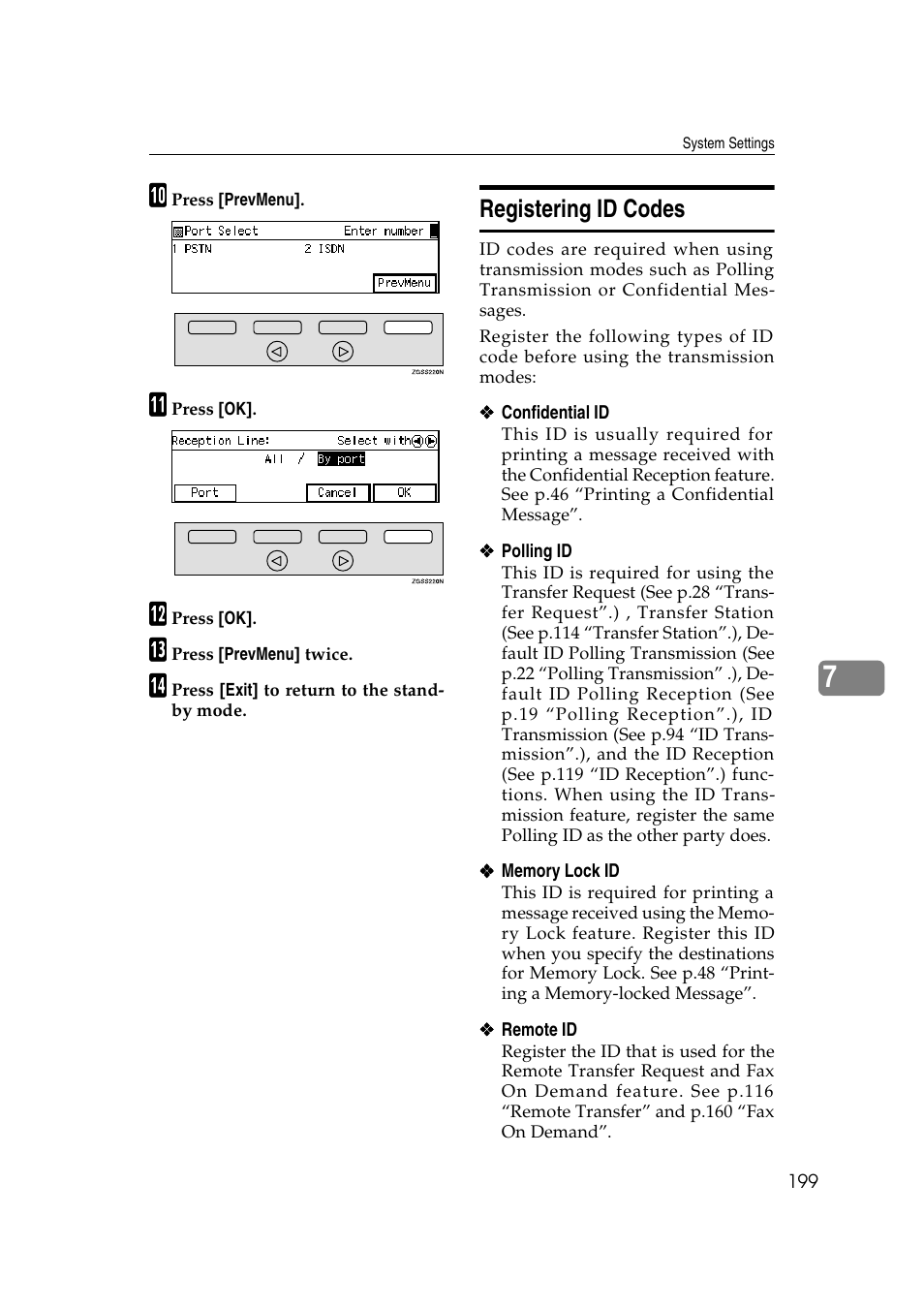 P.199 “regis- tering id codes, Registering id codes | Savin 3799nf User Manual | Page 211 / 320