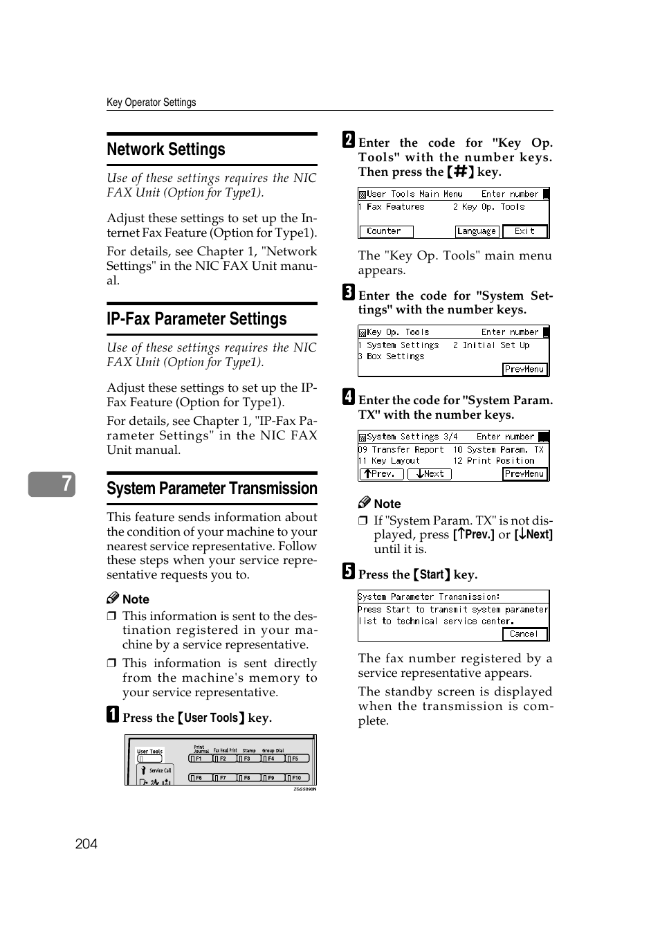 P.204 “system parameter transmission, Network settings, Ip-fax parameter settings | System parameter transmission | Savin 3799nf User Manual | Page 216 / 320