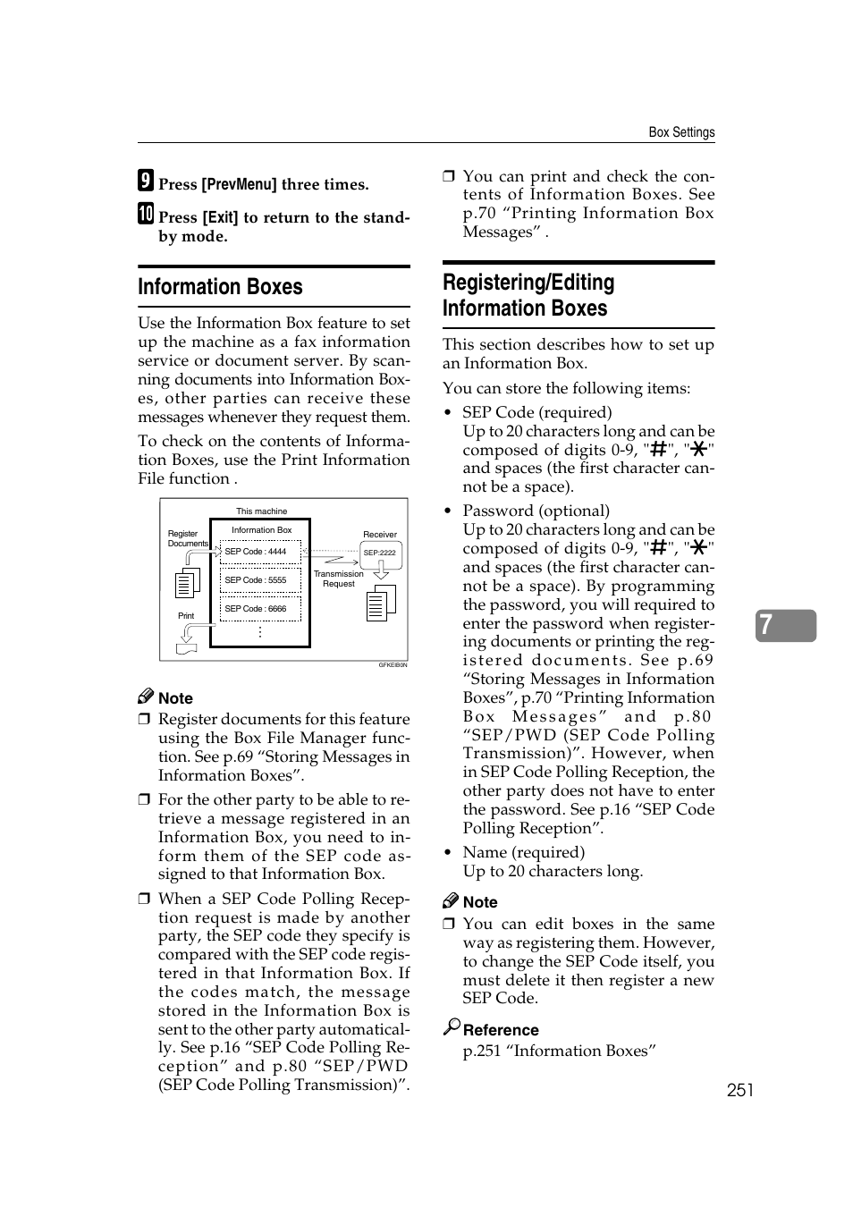 P.251 “informa- tion boxes, E p.251 “registering/editing in- formation boxes, Information boxes | Registering/editing information boxes | Savin 3799nf User Manual | Page 263 / 320
