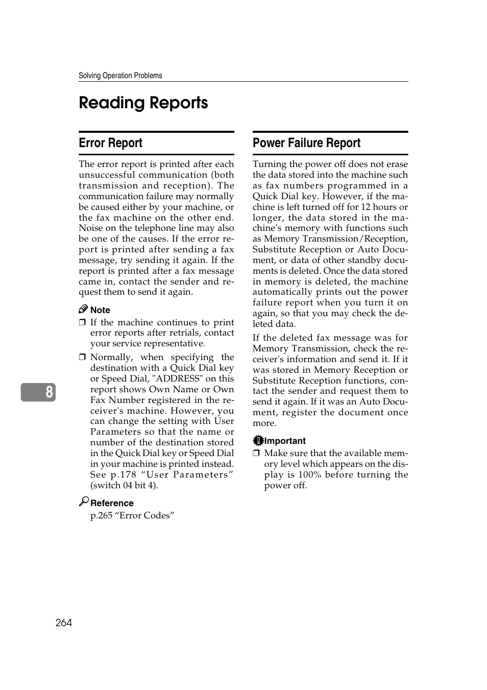 8reading reports, Error report, Power failure report | Savin 3799nf User Manual | Page 276 / 320