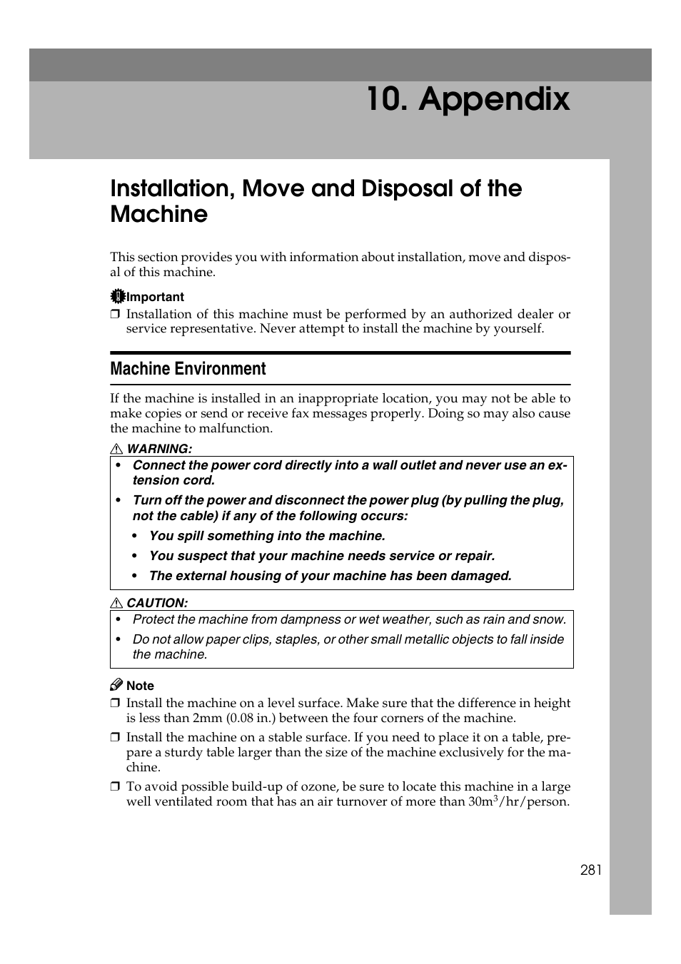 Appendix, Installation, move and disposal of the machine, Machine environment | Savin 3799nf User Manual | Page 293 / 320