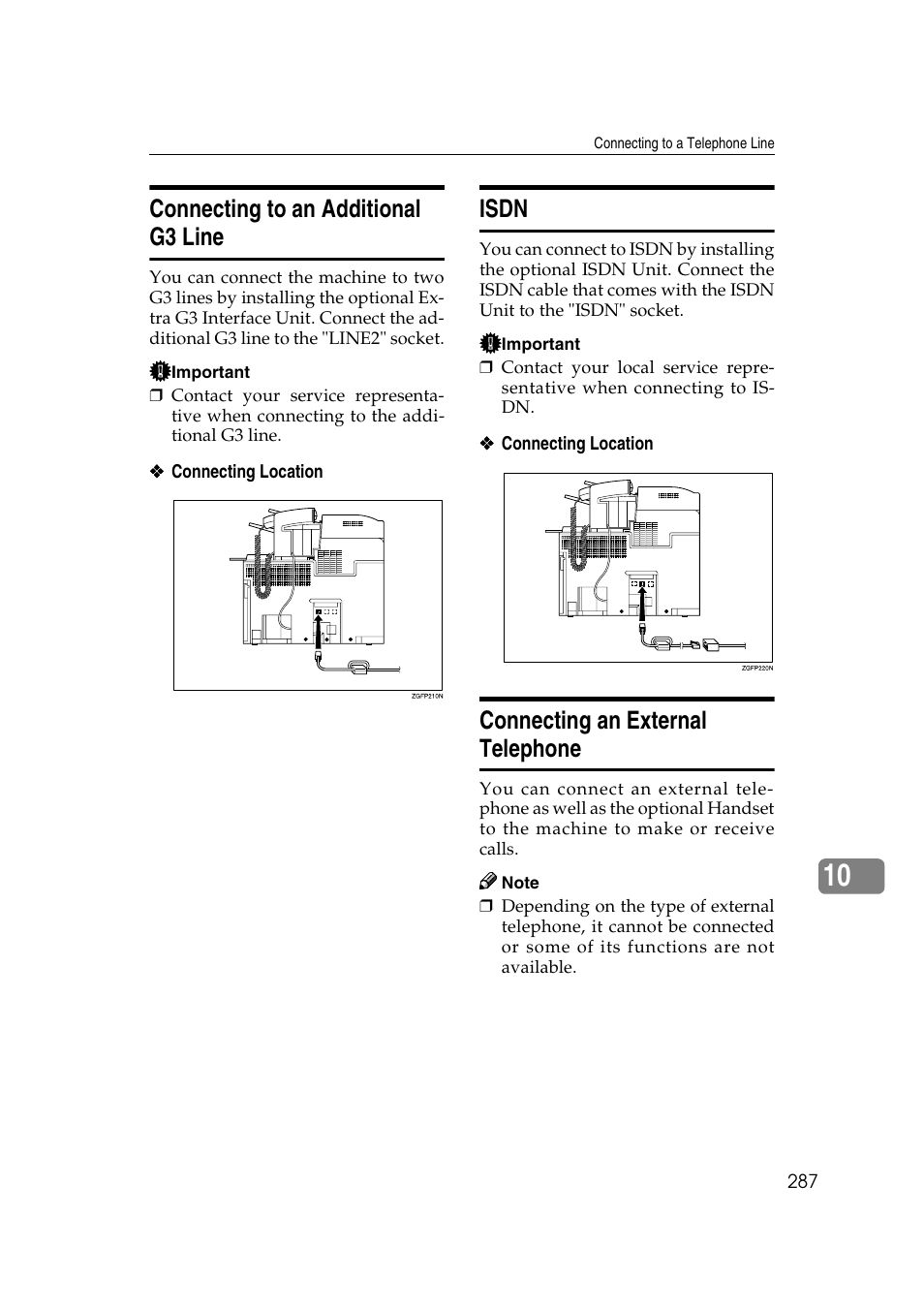 Connecting to an additional g3 line, Isdn, Connecting an external telephone | Savin 3799nf User Manual | Page 299 / 320