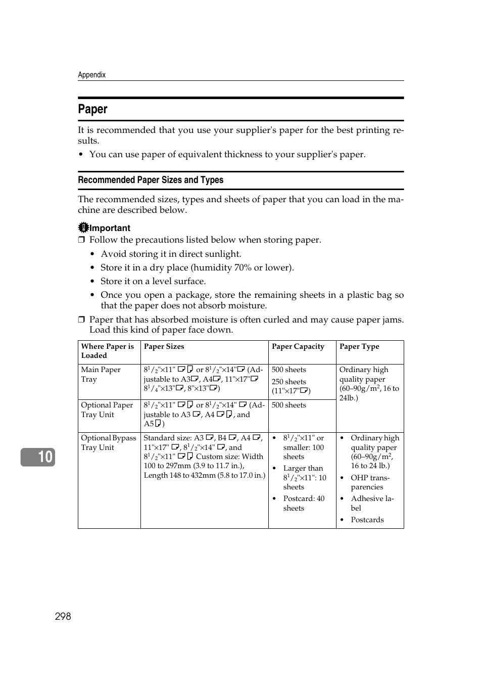 Paper, Recommended paper sizes and types | Savin 3799nf User Manual | Page 310 / 320