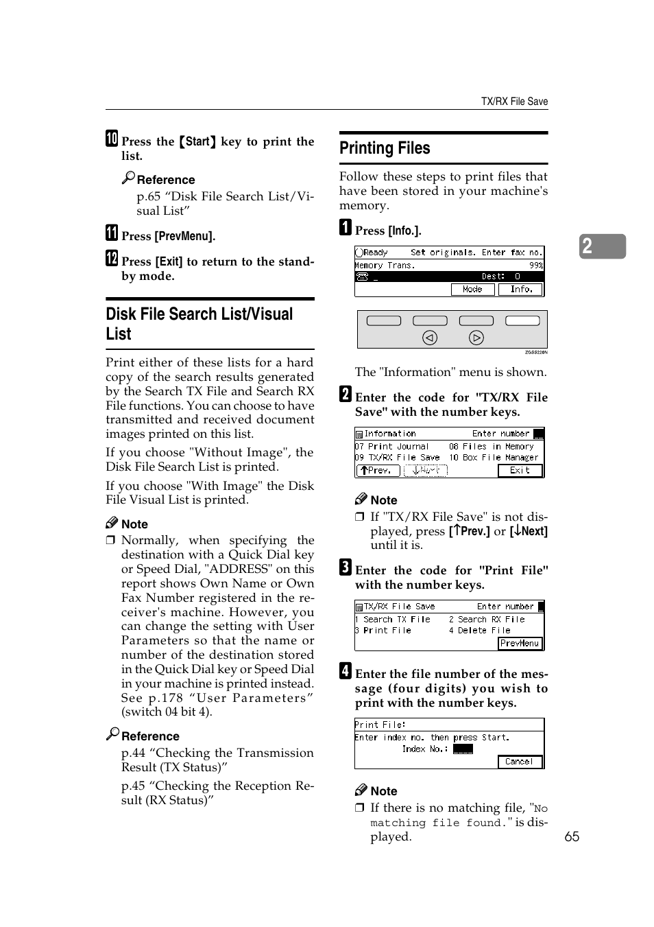 P.65 “disk file search list/visual list, E p.65 “printing files, Disk file search list/visual list | Printing files | Savin 3799nf User Manual | Page 77 / 320