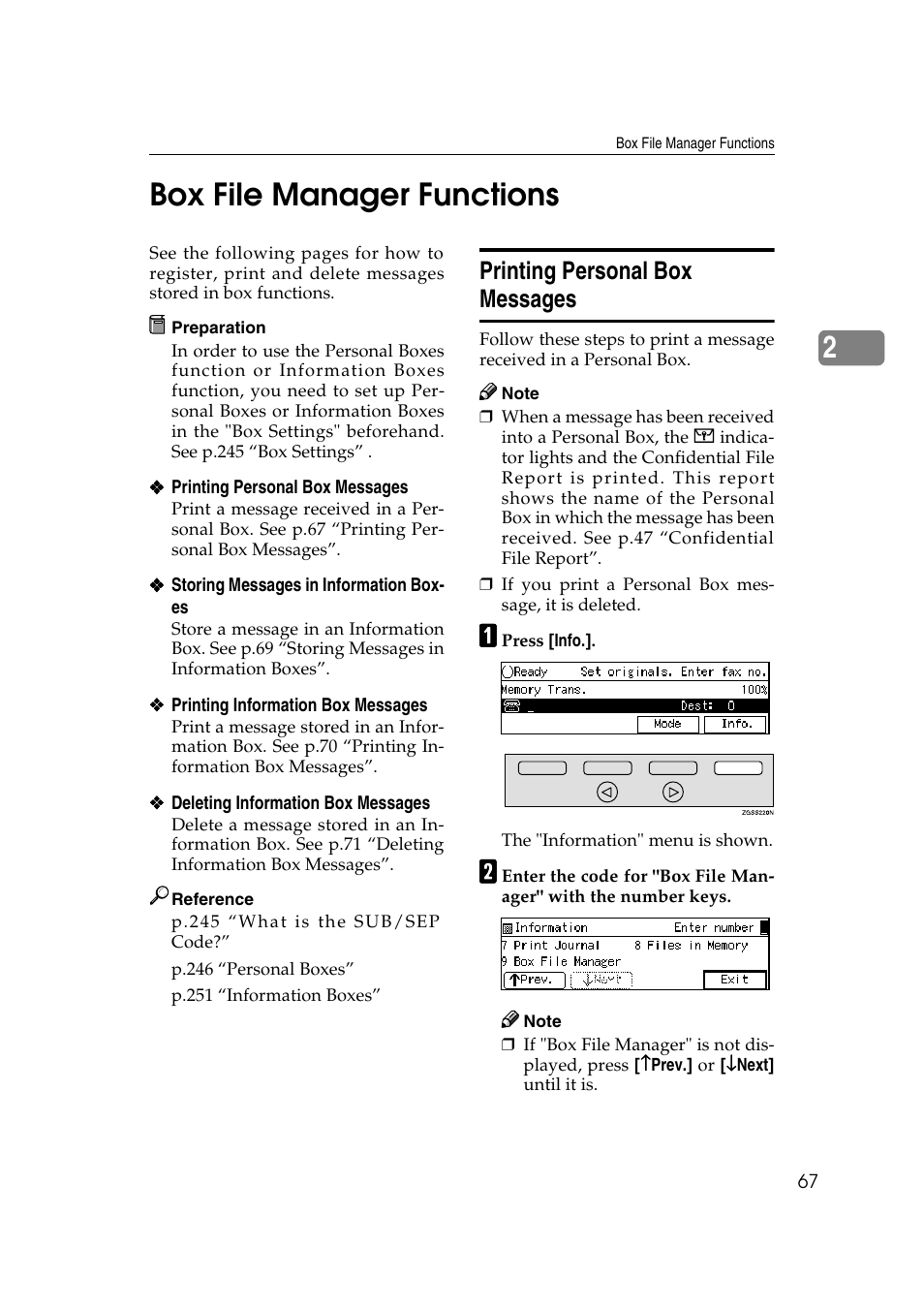 2box file manager functions, Printing personal box messages | Savin 3799nf User Manual | Page 79 / 320