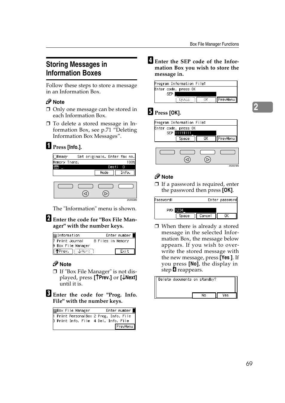 P.69 “storing messages in information boxes, Storing messages in information boxes | Savin 3799nf User Manual | Page 81 / 320