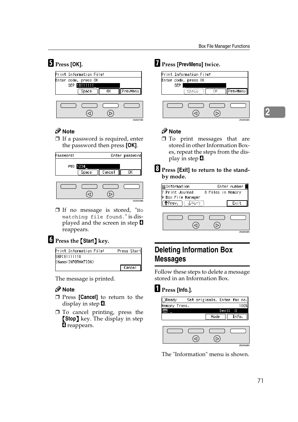 Box. see p.71 “deleting information box messages, Deleting information box messages | Savin 3799nf User Manual | Page 83 / 320