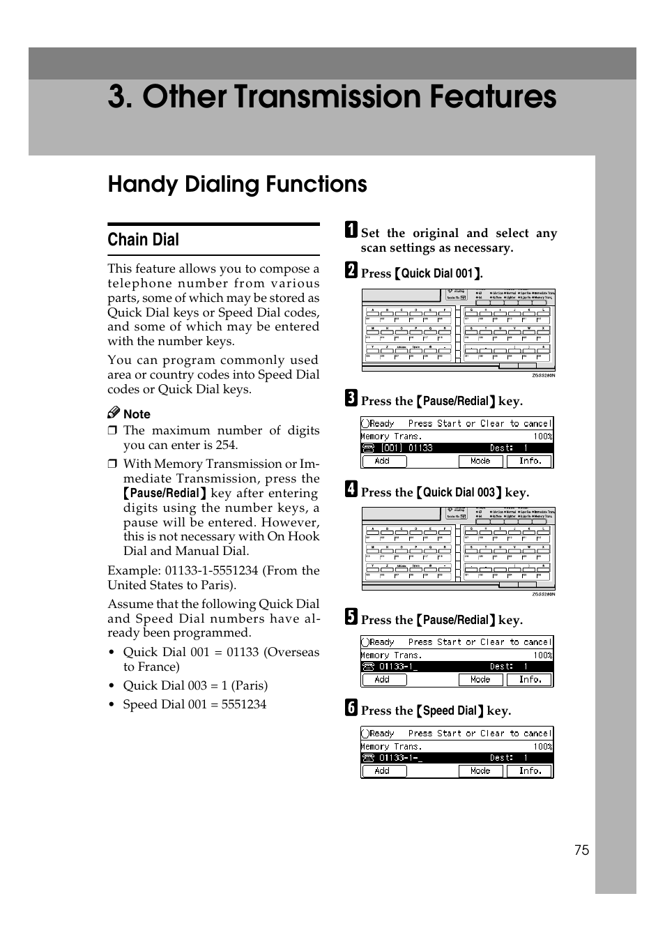 Other transmission features, Handy dialing functions, Chain dial | Savin 3799nf User Manual | Page 87 / 320