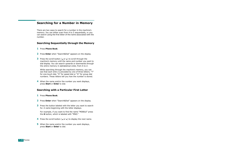 Searching for a number in memory, Searching sequentially through the memory, Searching with a particular first letter | Savin AC205 User Manual | Page 173 / 339