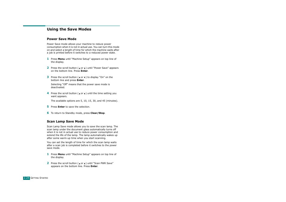 Using the save modes, Power save mode, Scan lamp save mode | Power save mode scan lamp save mode | Savin AC205 User Manual | Page 49 / 339
