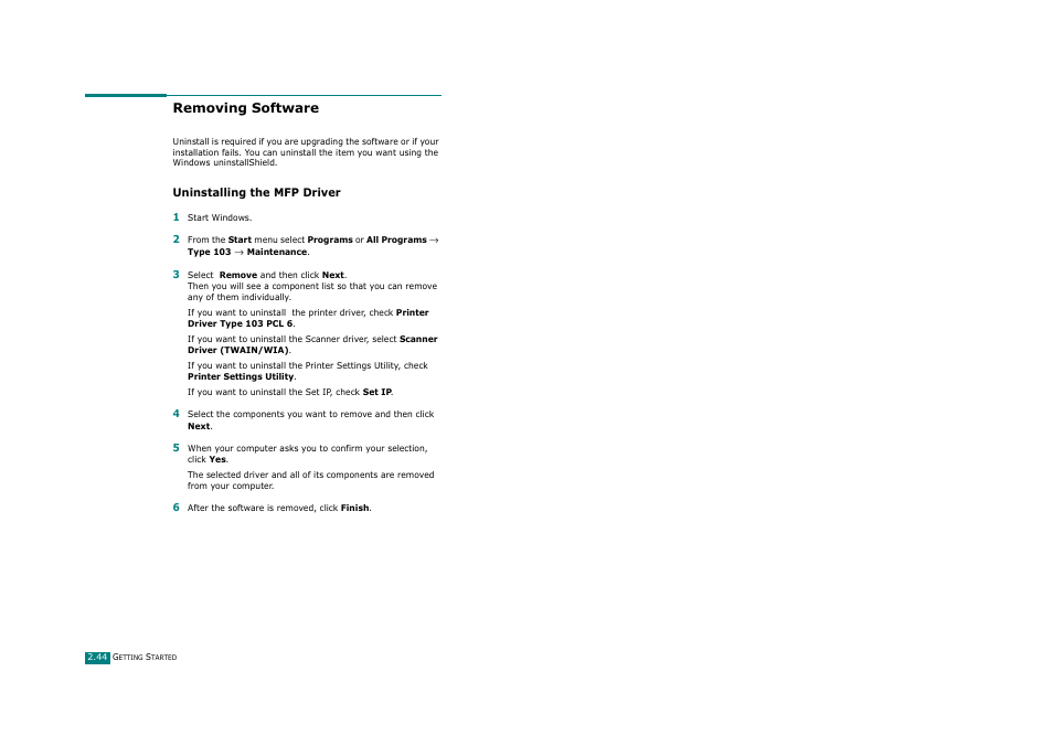 Removing software, Uninstalling the mfp driver | Savin AC205 User Manual | Page 69 / 339