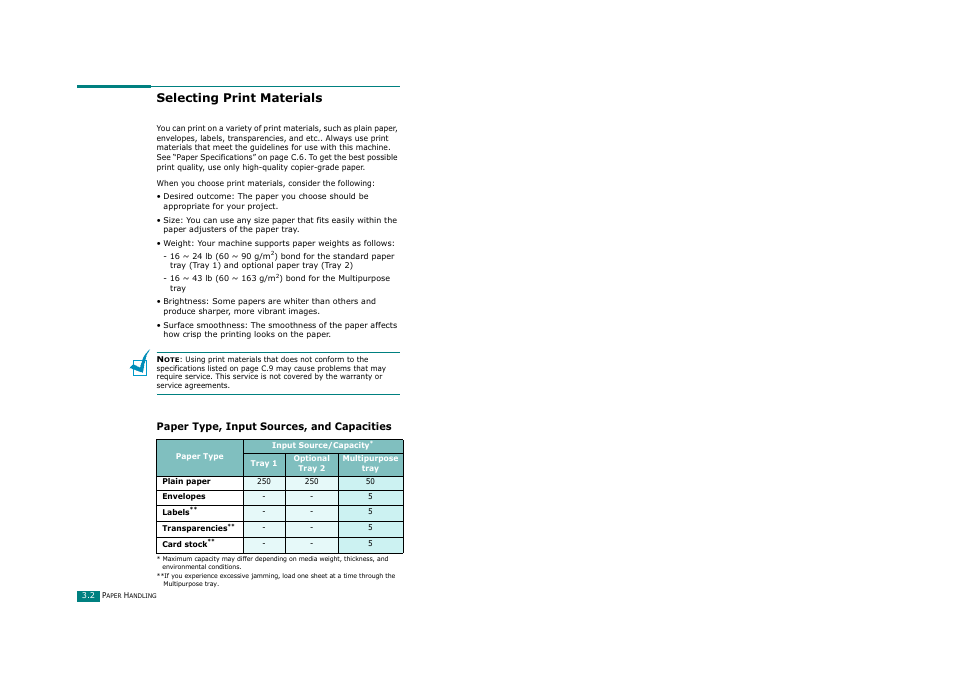 Selecting print materials, Paper type, input sources, and capacities | Savin AC205 User Manual | Page 79 / 339