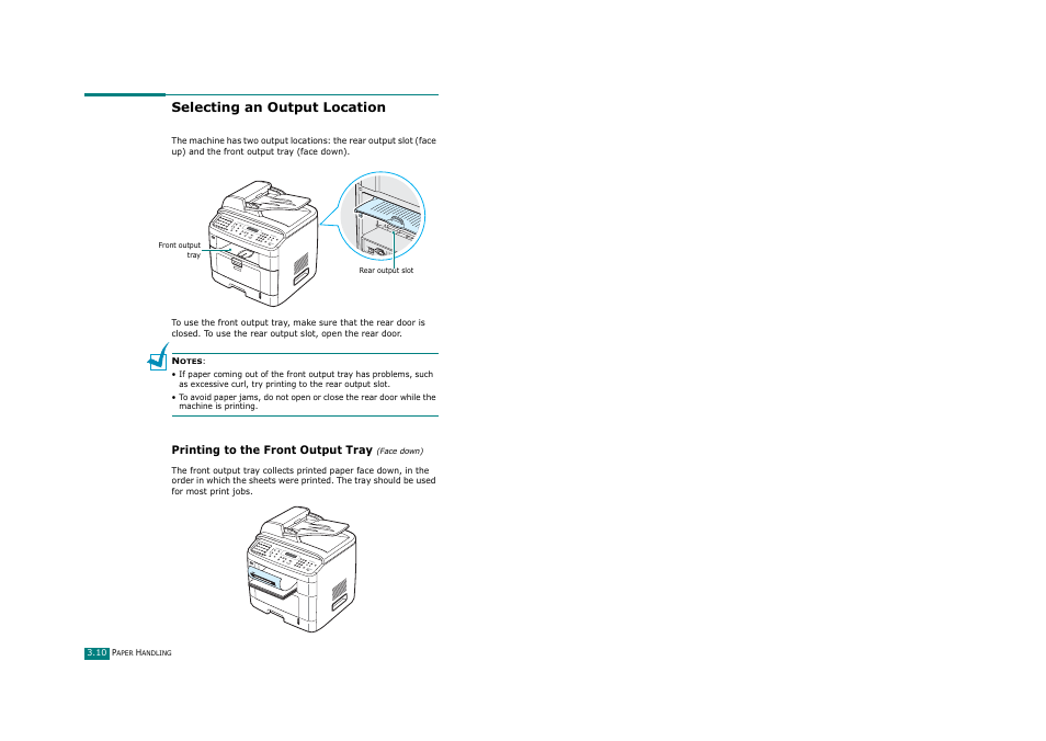 Selecting an output location, Printing to the front output tray (face down) | Savin AC205 User Manual | Page 87 / 339