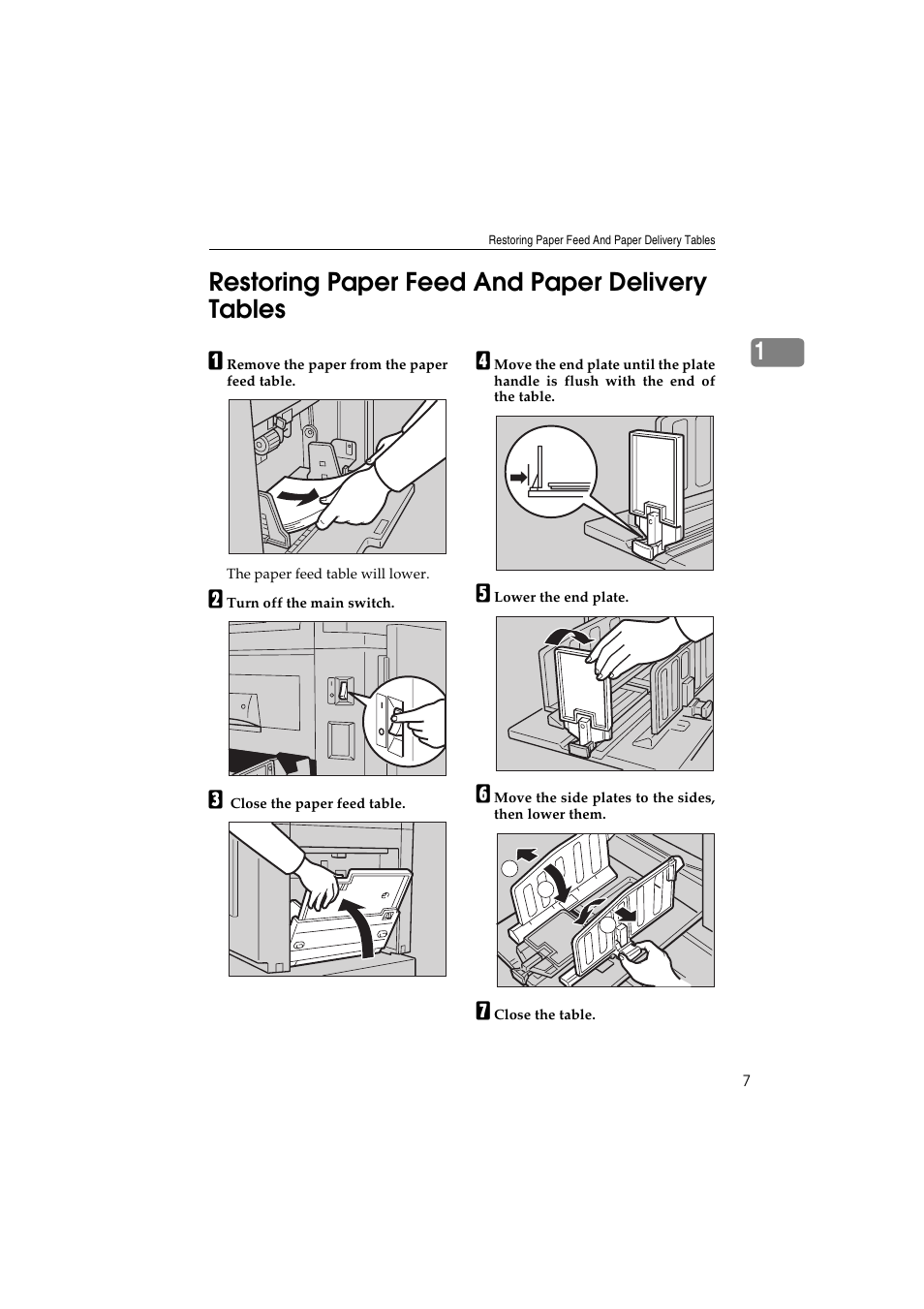 1restoring paper feed and paper delivery tables | Savin 3150eDNP User Manual | Page 28 / 125