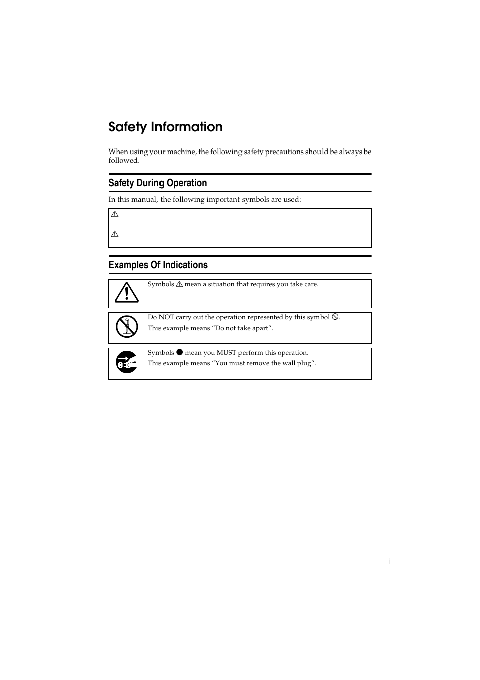 Safety information, Safety during operation, Examples of indications | Savin 3150eDNP User Manual | Page 4 / 125