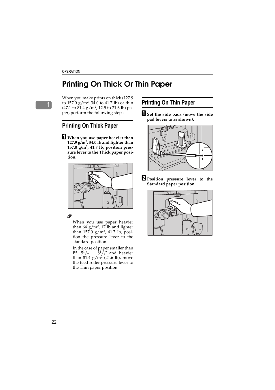 1printing on thick or thin paper, Printing on thick paper, Printing on thin paper | Savin 3150eDNP User Manual | Page 43 / 125