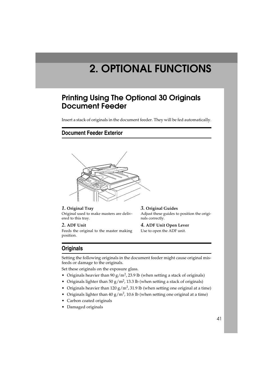 Optional functions, Document feeder exterior, Originals | Savin 3150eDNP User Manual | Page 62 / 125