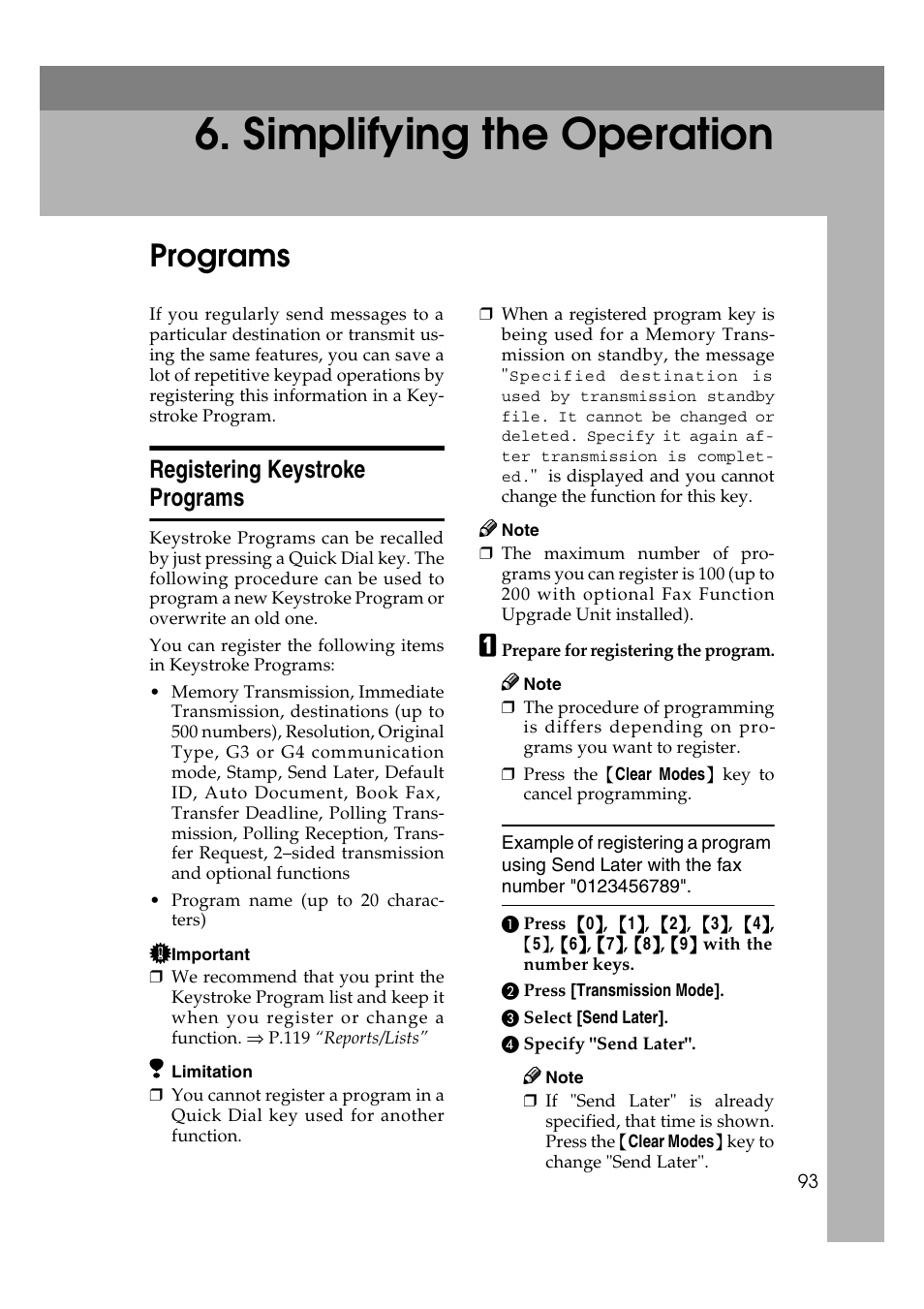 Simplifying the operation, Programs, Registering keystroke programs | Savin 1045 User Manual | Page 107 / 216