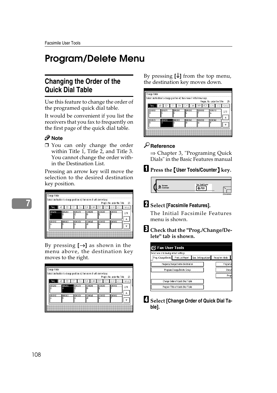 7program/delete menu, Changing the order of the quick dial table | Savin 1045 User Manual | Page 122 / 216