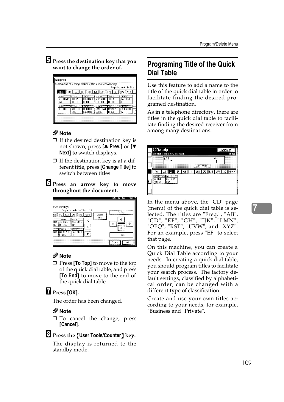 Programing title of the quick dial table | Savin 1045 User Manual | Page 123 / 216