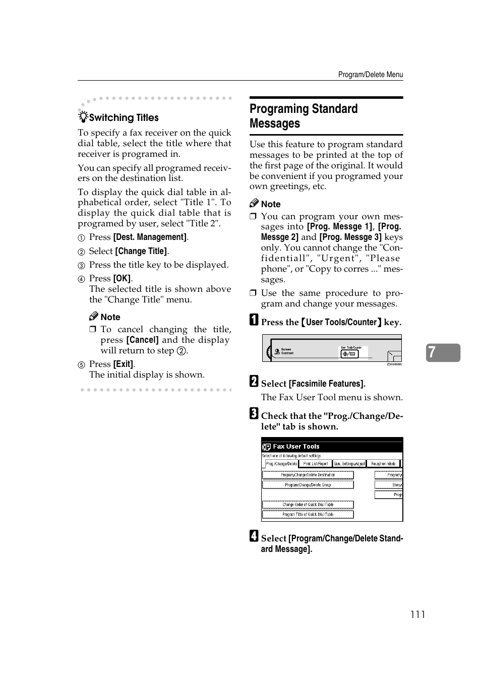 Programing standard messages | Savin 1045 User Manual | Page 125 / 216