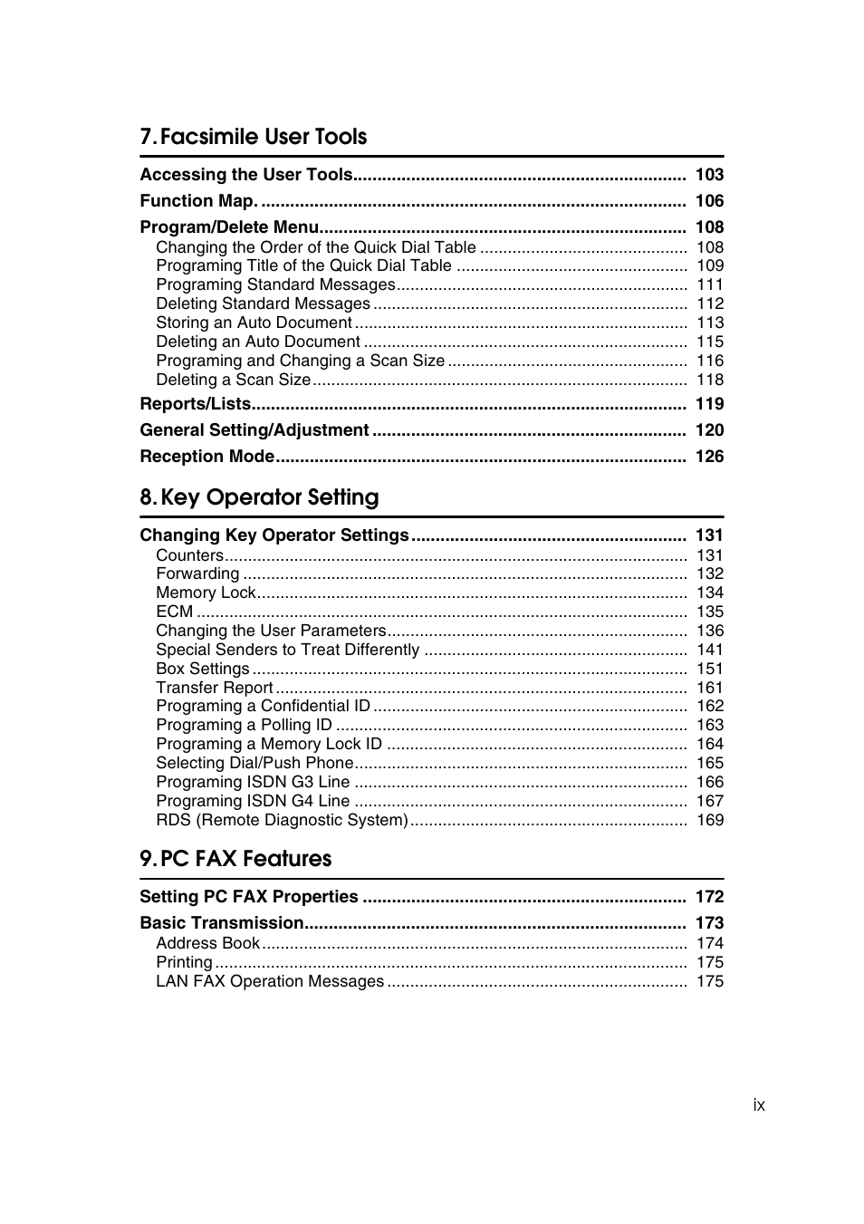 Facsimile user tools, Key operator setting, Pc fax features | Savin 1045 User Manual | Page 13 / 216