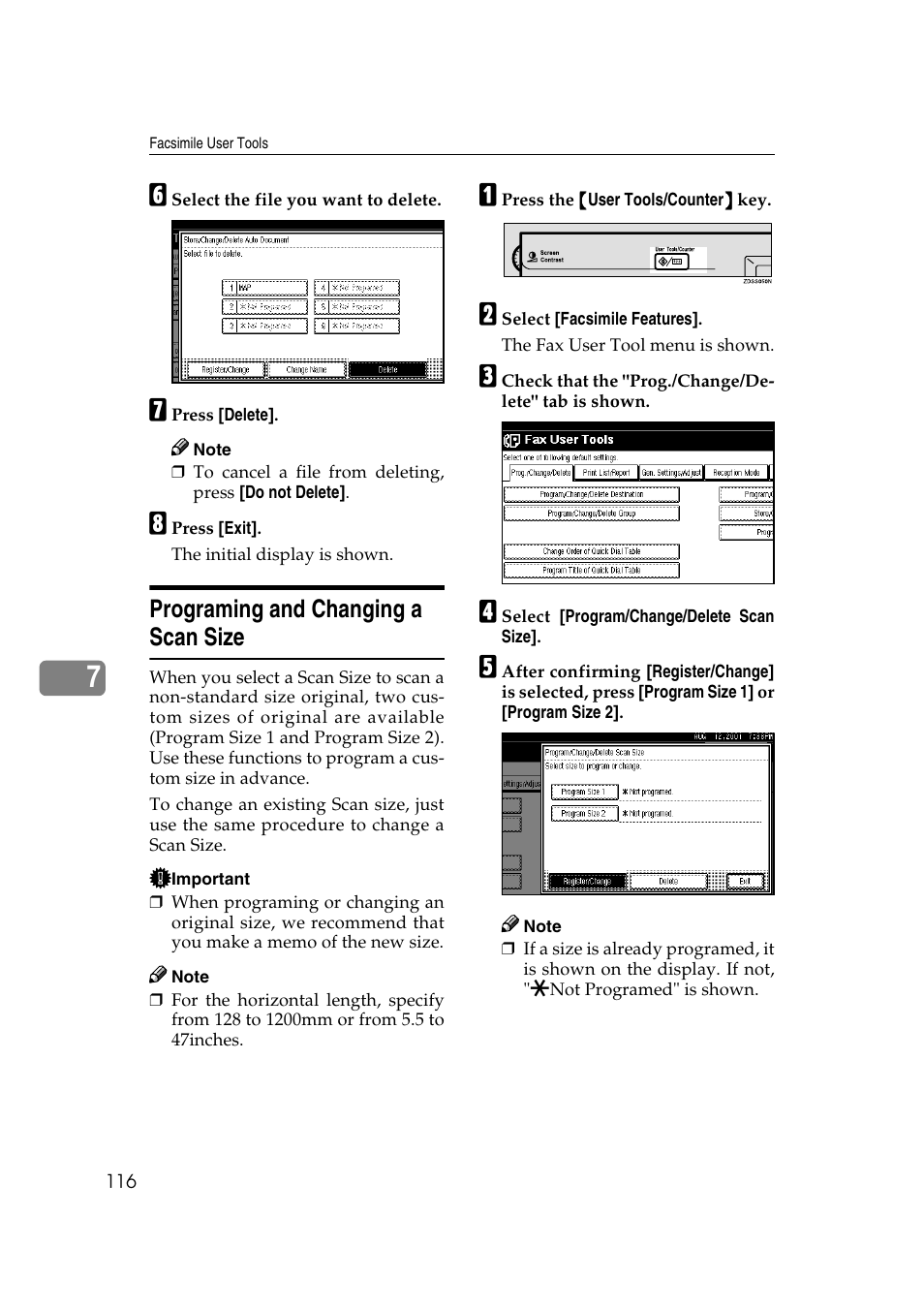 Programing and changing a scan size | Savin 1045 User Manual | Page 130 / 216