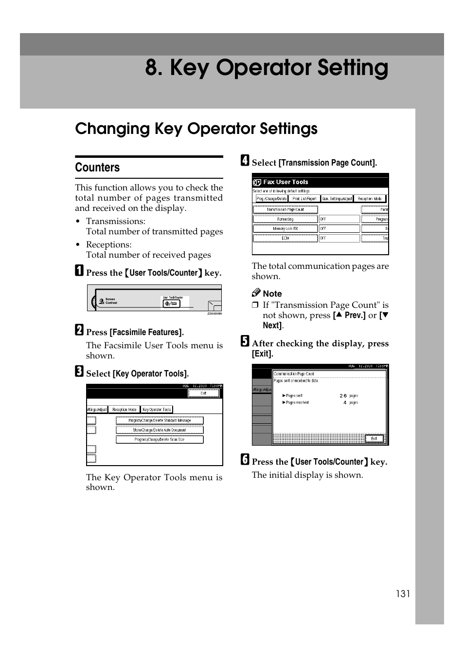 Key operator setting, Changing key operator settings, Counters | Savin 1045 User Manual | Page 145 / 216