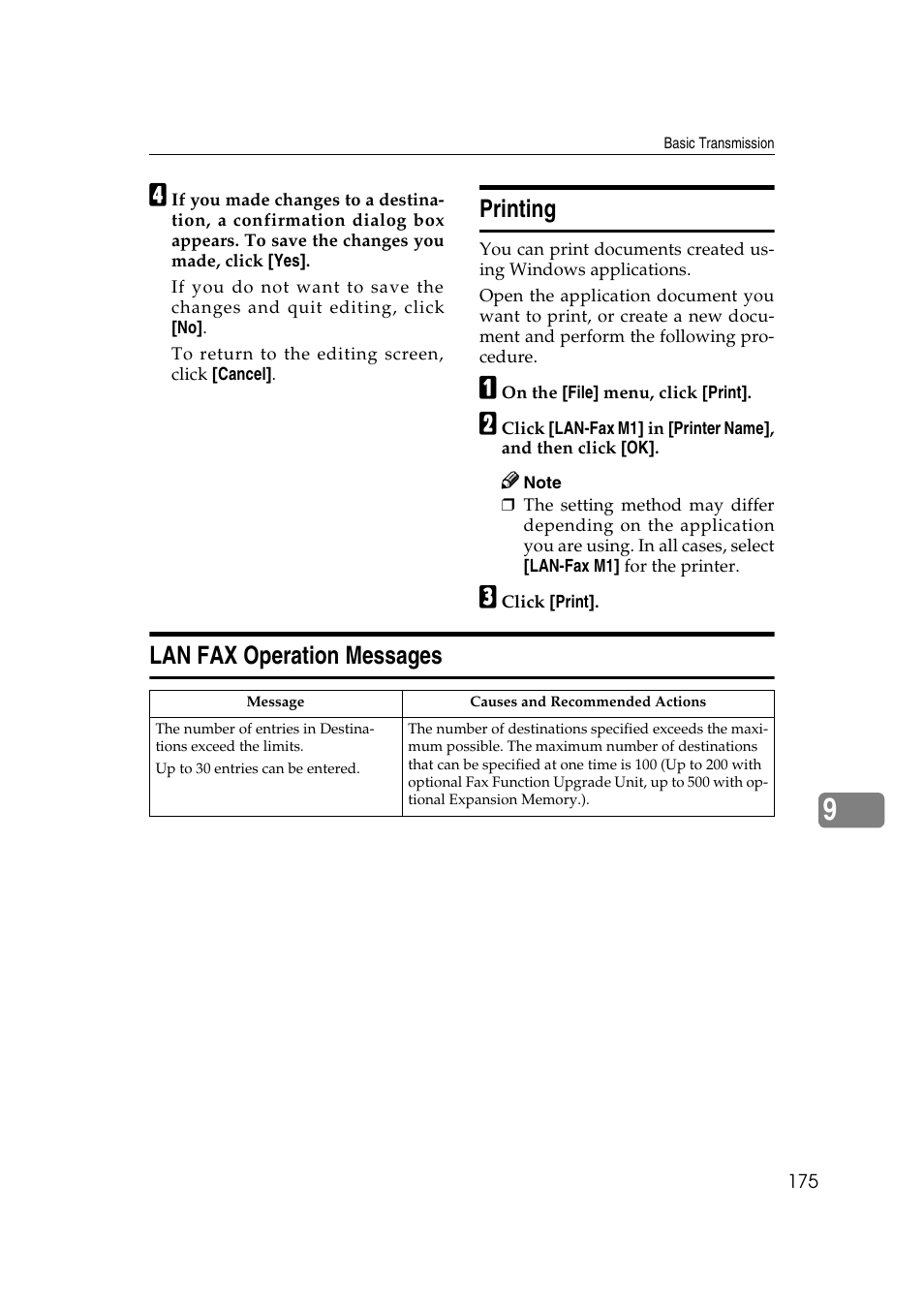 Printing, Lan fax operation messages | Savin 1045 User Manual | Page 189 / 216