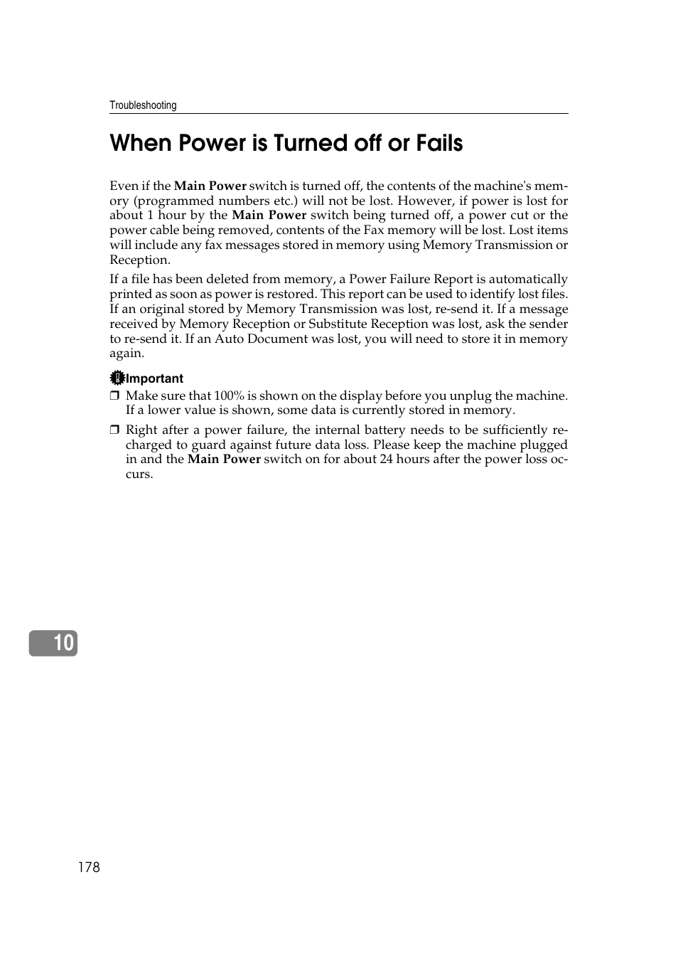 10 when power is turned off or fails | Savin 1045 User Manual | Page 192 / 216