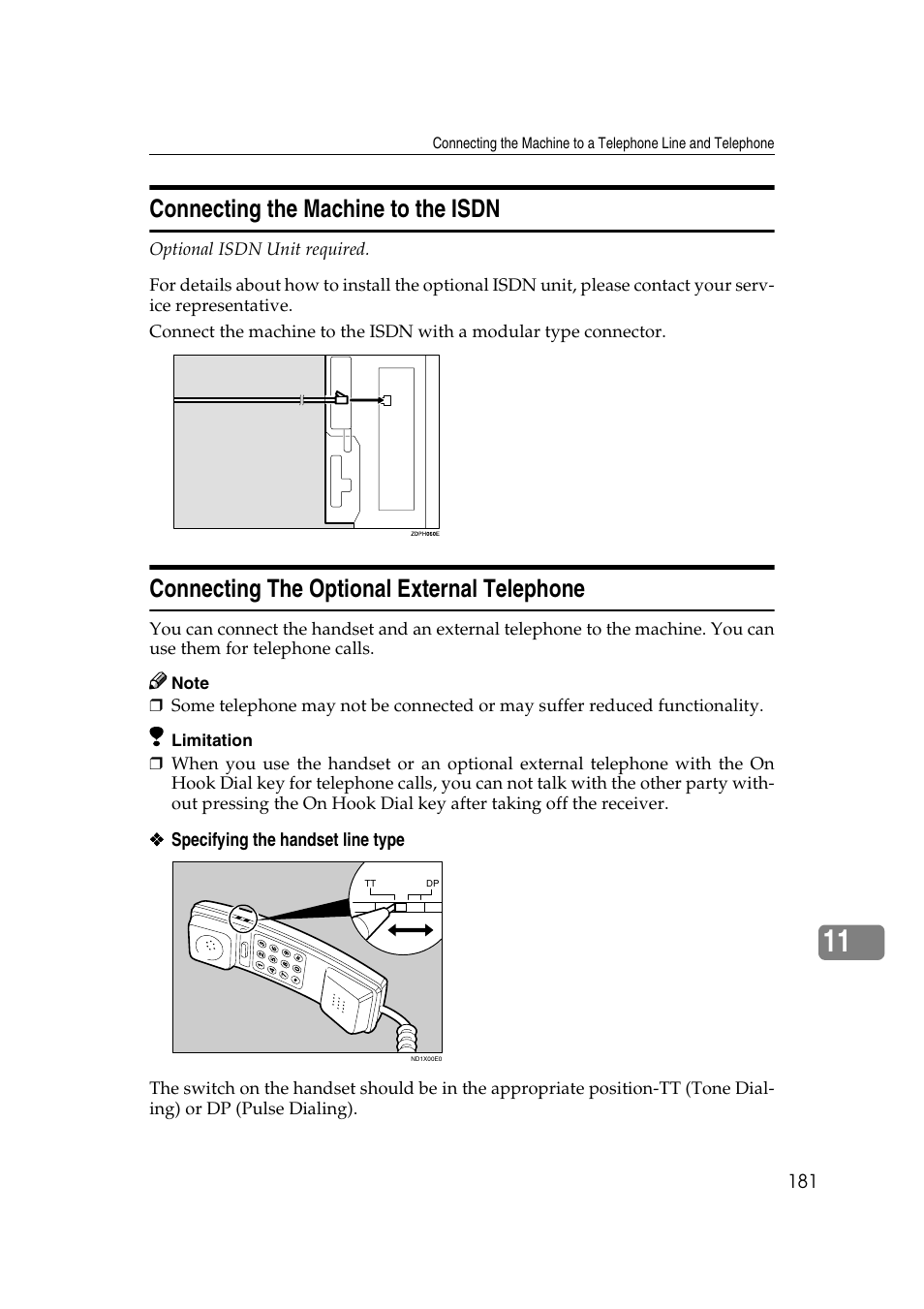 Connecting the machine to the isdn, Connecting the optional external telephone | Savin 1045 User Manual | Page 195 / 216