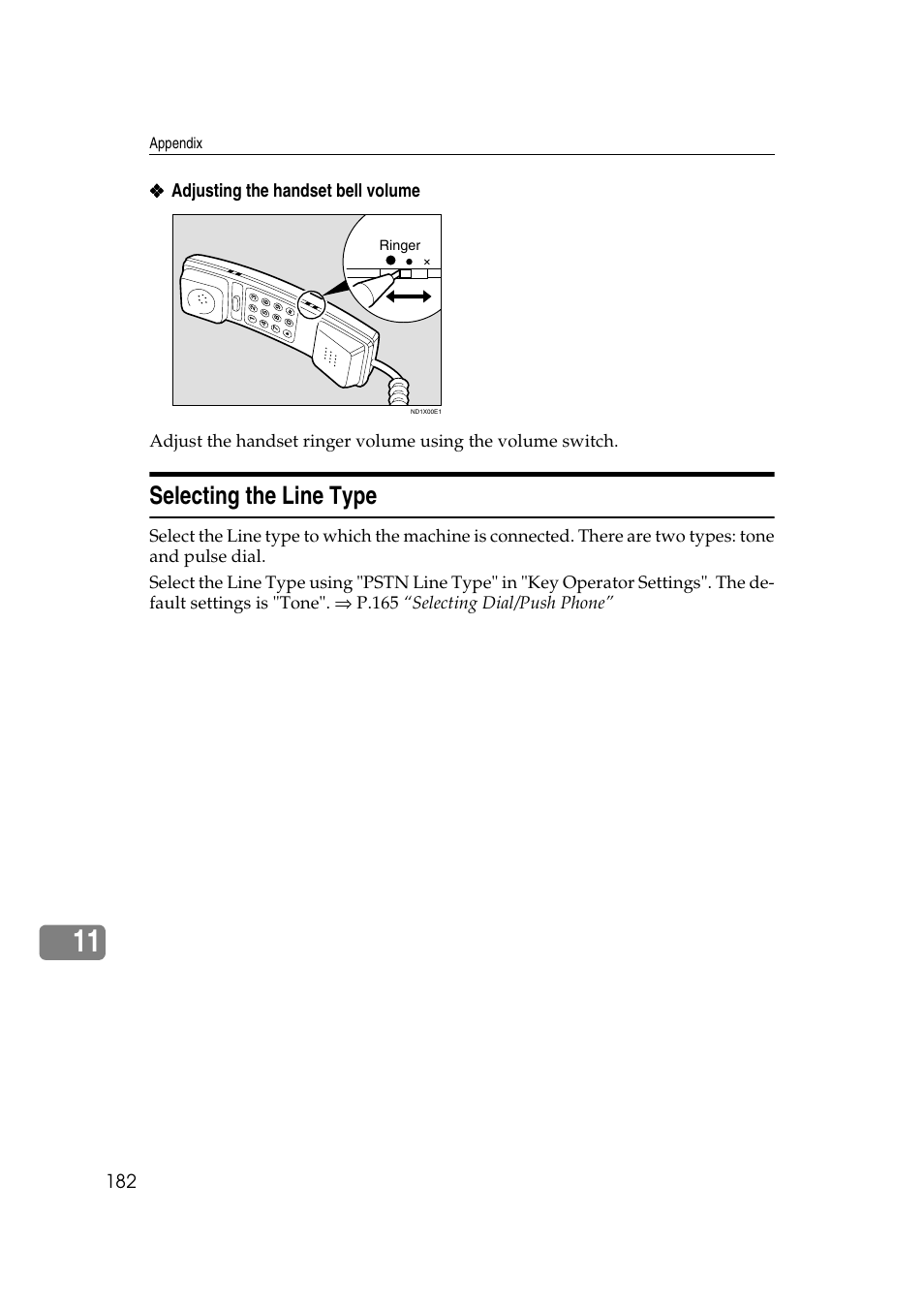 Selecting the line type, Adjusting the handset bell volume | Savin 1045 User Manual | Page 196 / 216