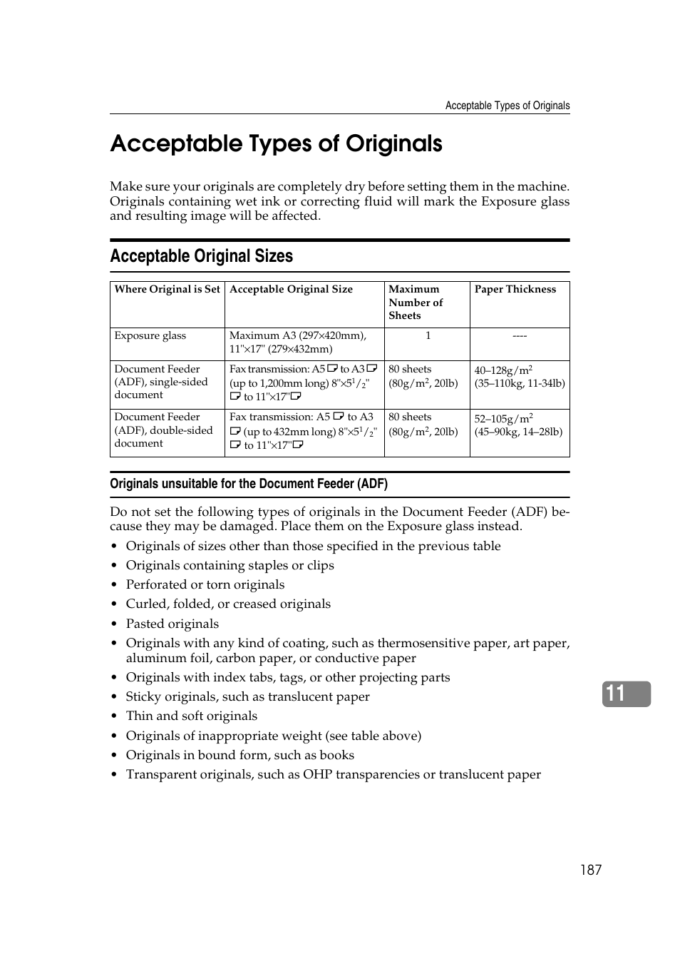 11 acceptable types of originals, Acceptable original sizes, Originals unsuitable for the document feeder (adf) | Savin 1045 User Manual | Page 201 / 216