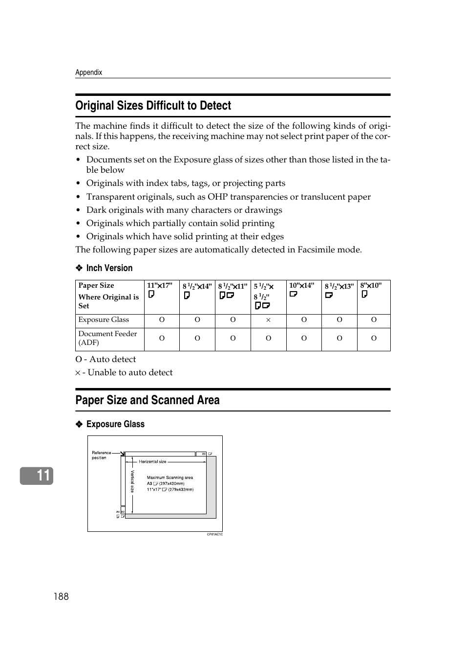 Original sizes difficult to detect, Paper size and scanned area, Inch version | Exposure glass | Savin 1045 User Manual | Page 202 / 216