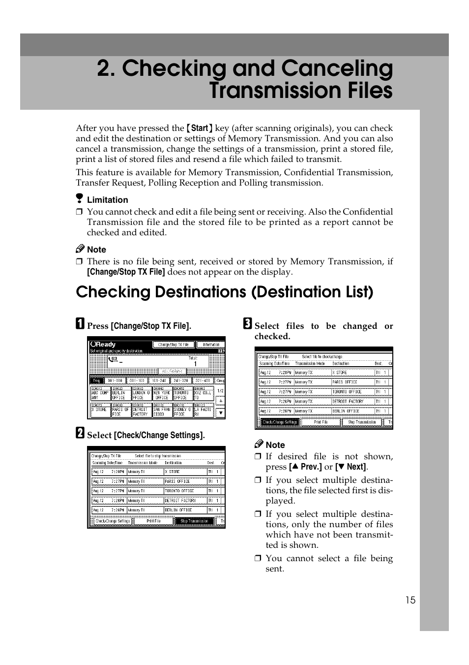 Checking and canceling transmission files, Checking destinations (destination list) | Savin 1045 User Manual | Page 29 / 216