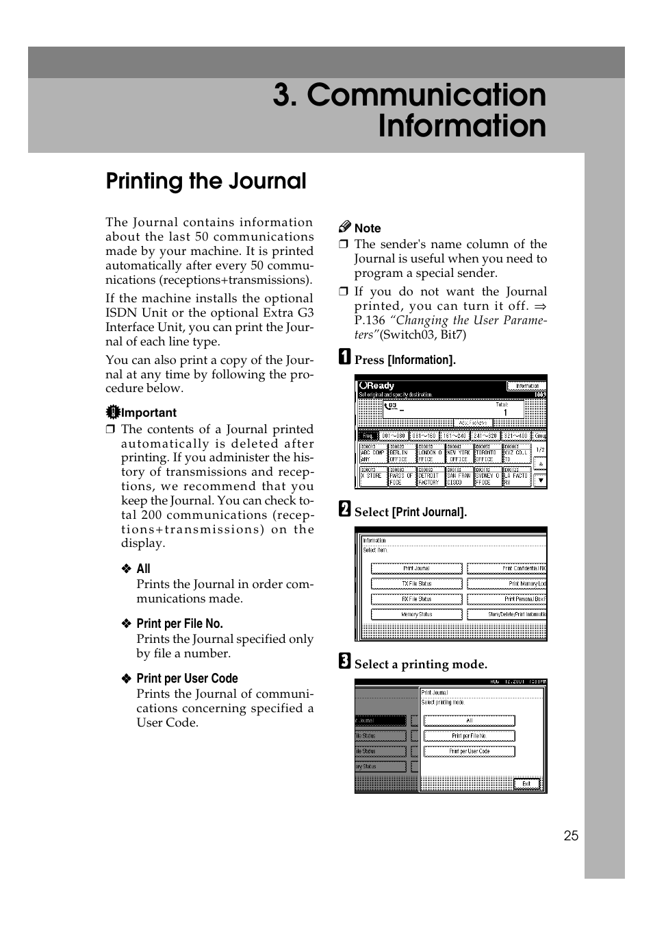 Communication information, Printing the journal | Savin 1045 User Manual | Page 39 / 216