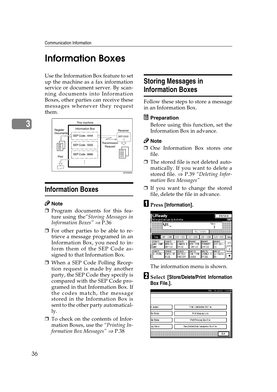 3information boxes, Information boxes, Storing messages in information boxes | Savin 1045 User Manual | Page 50 / 216