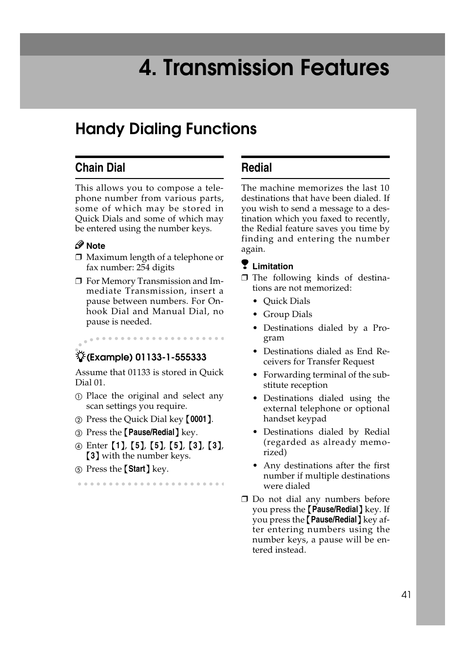 Transmission features, Handy dialing functions, Chain dial | Redial | Savin 1045 User Manual | Page 55 / 216