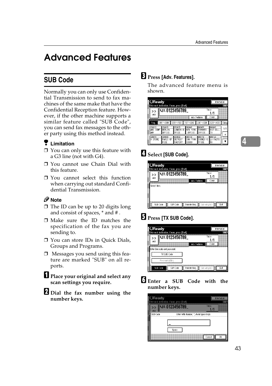 4advanced features, Sub code | Savin 1045 User Manual | Page 57 / 216