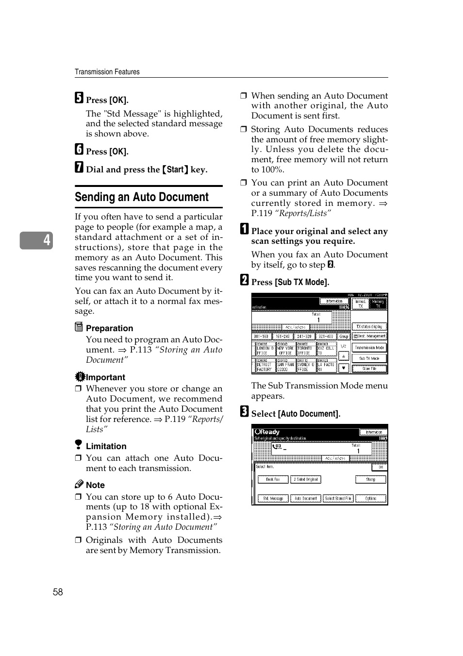 Sending an auto document | Savin 1045 User Manual | Page 72 / 216